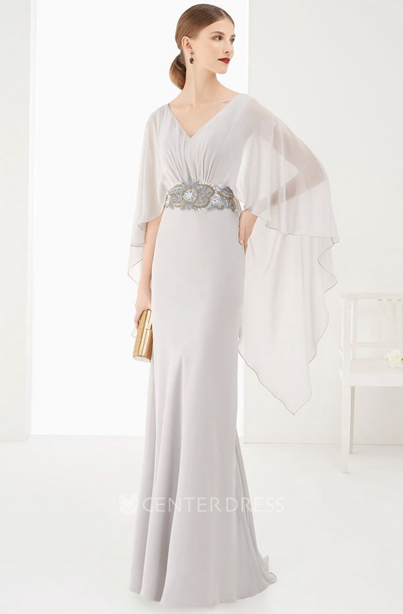 V Neck Sheath Long Prom Dress With High Low Batwing Sleeves And