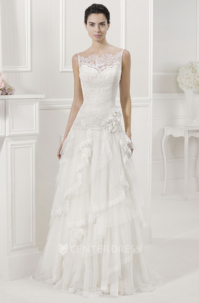 Back Spaghetti Straps Bridal Gown With Sequined Lace Top And