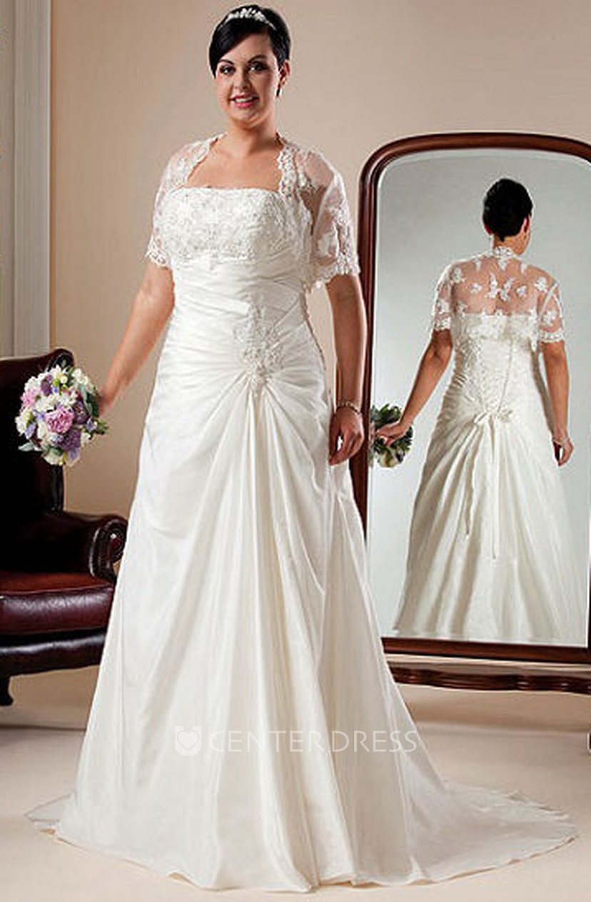 Strapless Taffeta Bridal Gown With Lace Up And Short Sleeve Bolero
