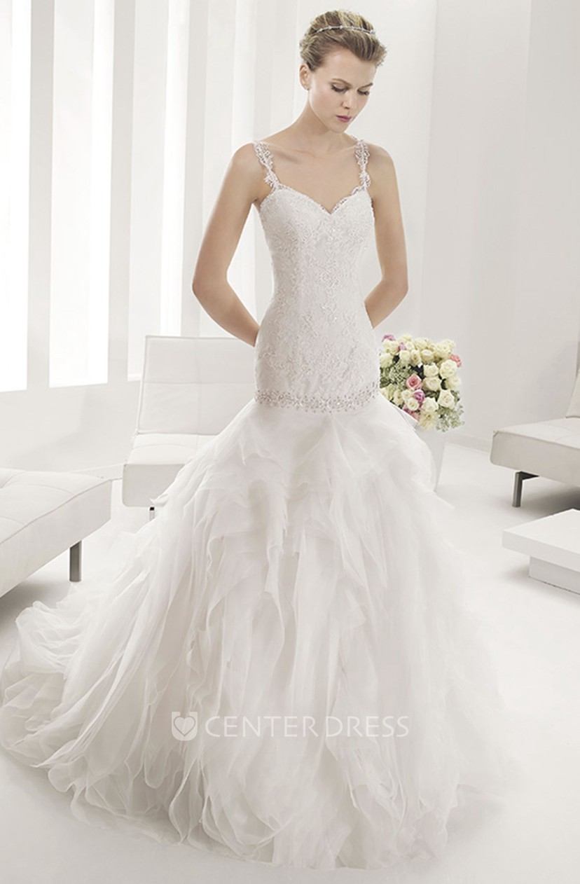 Lace Spaghetti Straps Mermaid Wedding Gown With Tiered Skirt
