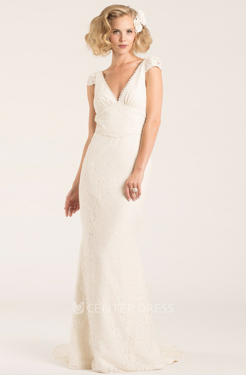 V Neck Long Cap Sleeve Lace Wedding Dress With Sweep Train And