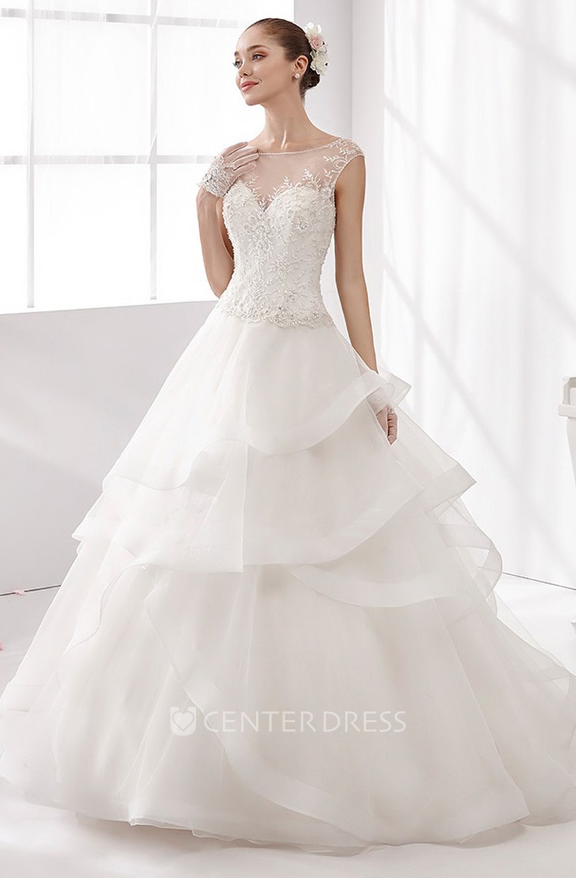 Jewel Neck A Line Wedding Gown With Lace Bodice And Ruffled Skirt