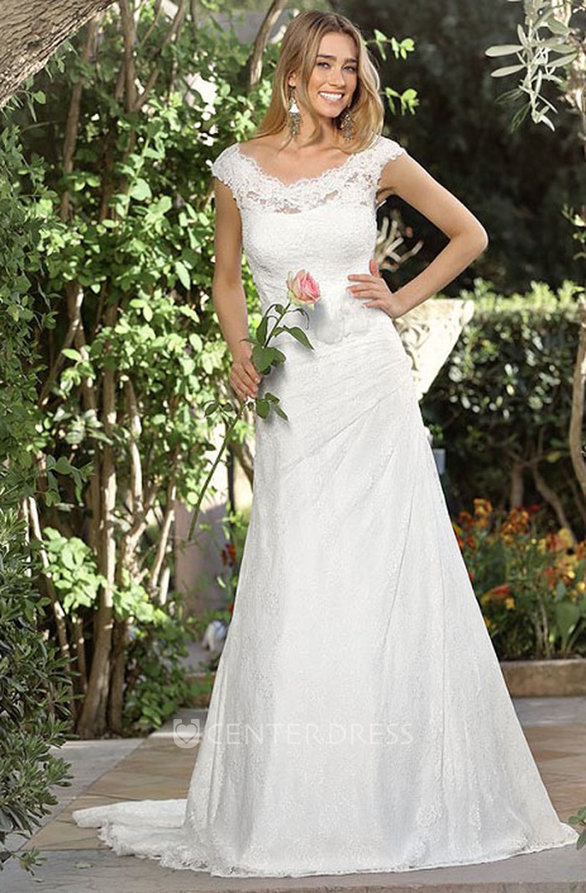 Sheath V Neck Cap Sleeve Lace Wedding Dress With Side Draping