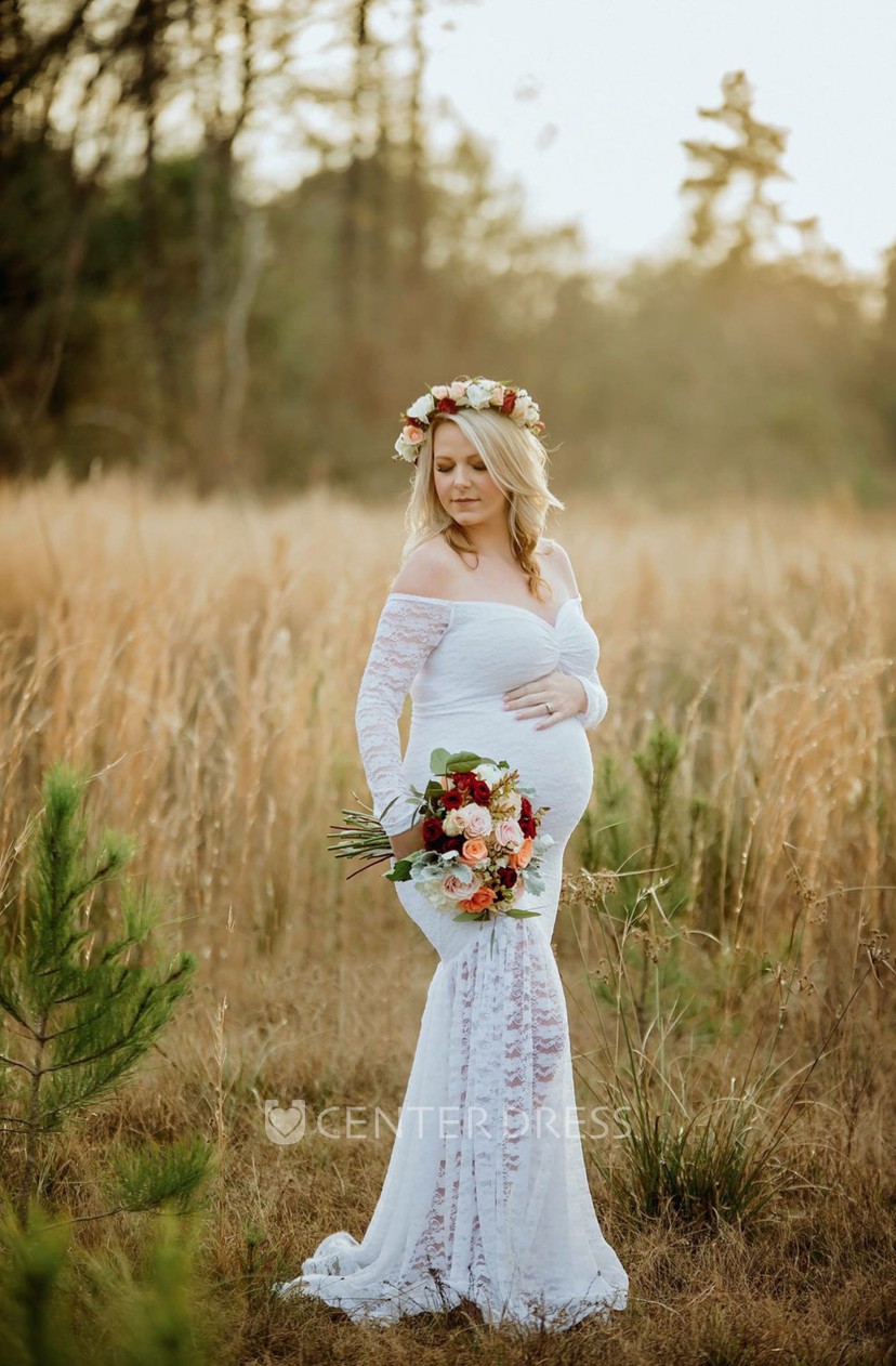 Mermaid Lace Off The Shoulder Long Sleeve Pleated Ruched Maternity