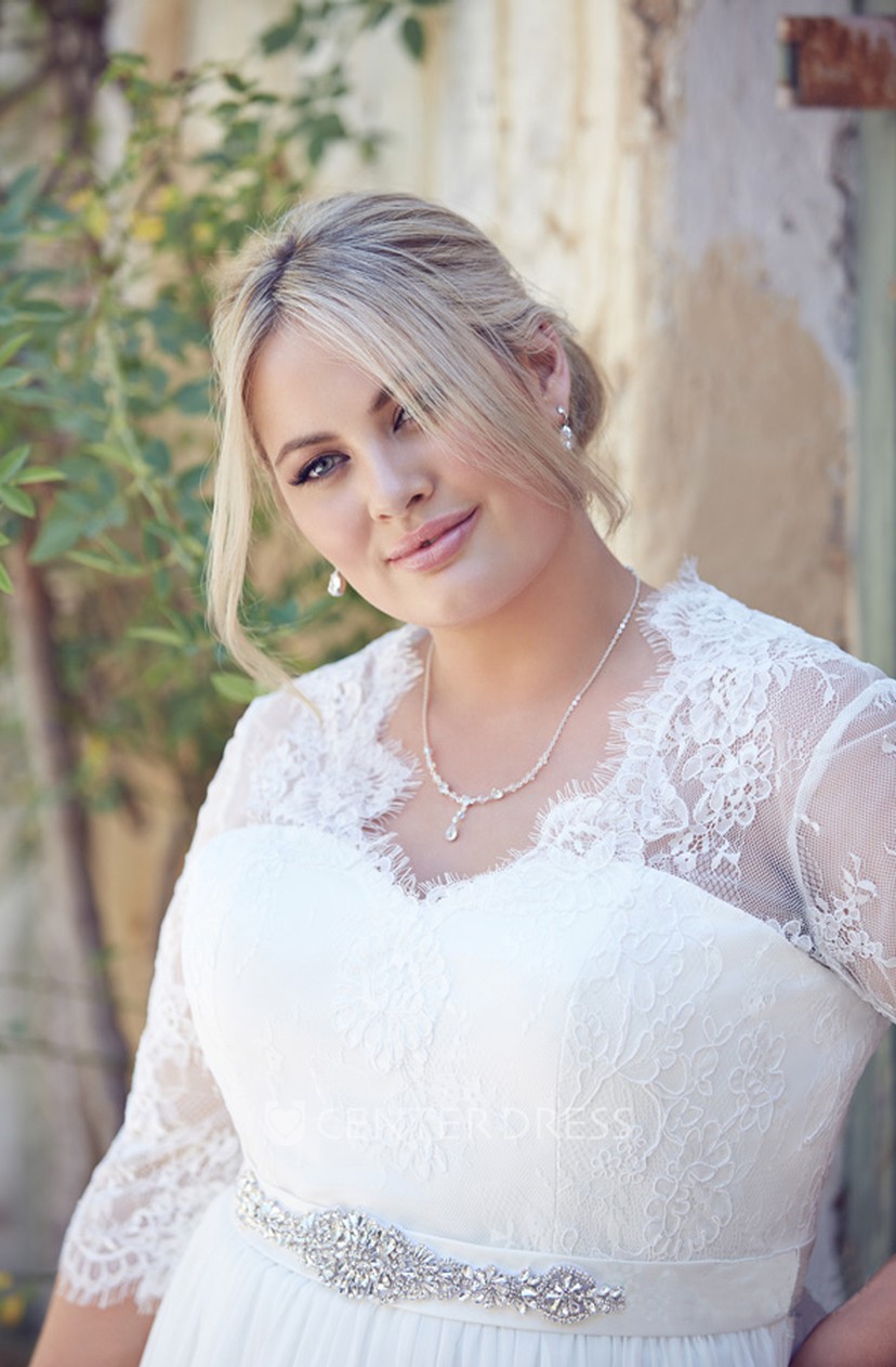Jeweled Half Sleeve V Neck Chiffon Plus Size Wedding Dress With