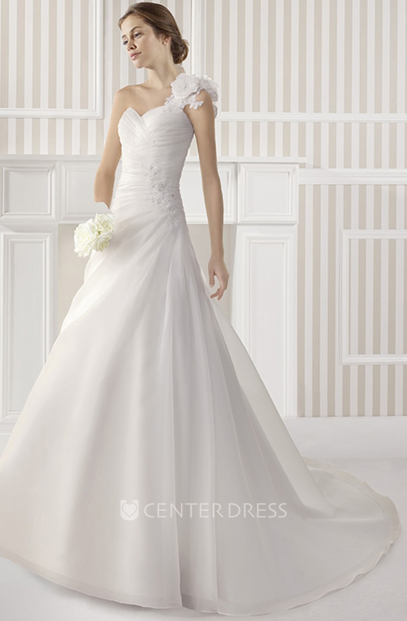 Long One Shoulder Floral Chiffon Wedding Dress With Sweep Train