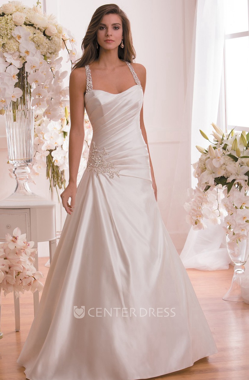 Sleeveless Square Neck Ruched Wedding Dress With Crystal Straps