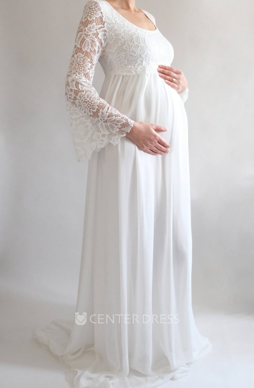 A Line Sweep Brush Train Long Sleeve Empire Maternity Wedding