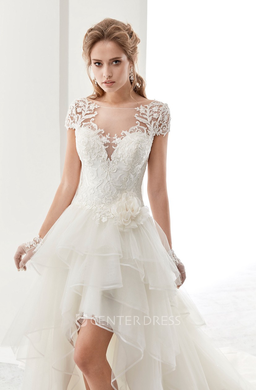 Illusion Jewel Neck High Low Bridal Gown With Ruffles And T Shirt