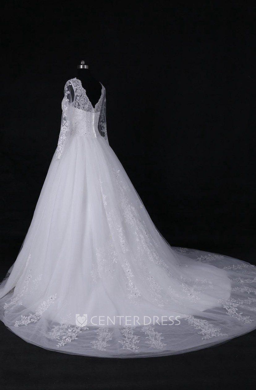 A Line Ball Gown Long Sleeve Cathedral Train Tulle Lace Satin