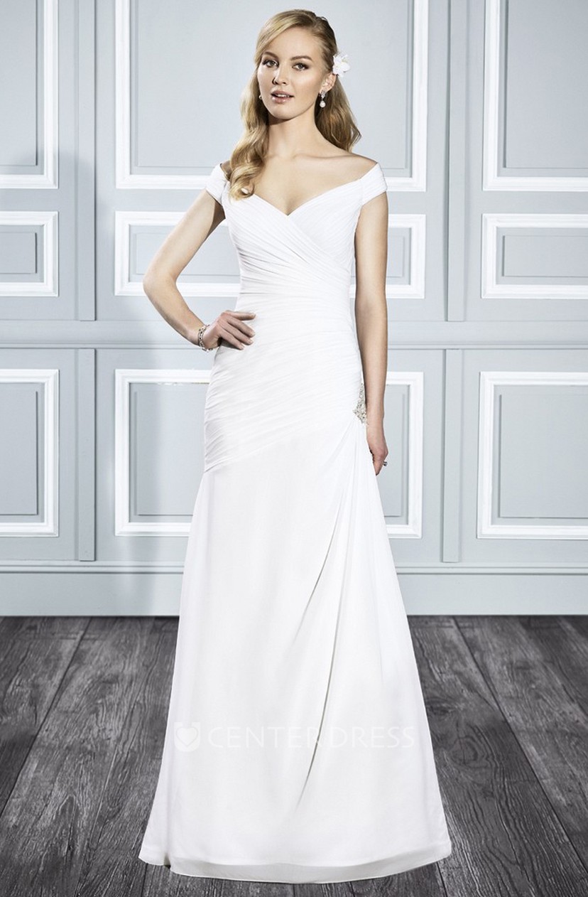 A Line Floor Length Off The Shoulder Side Draped Wedding Dress