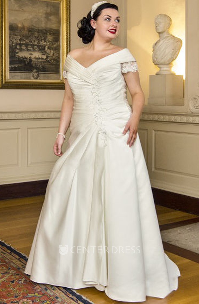 Off Shoulder Lace Short Sleeves Taffeta Bridal Gown With Lace Up