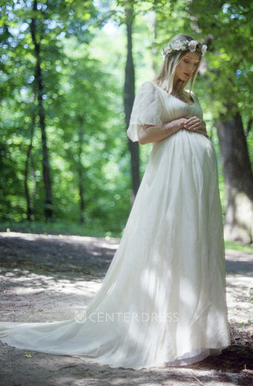A Line Court Train Short Sleeve Empire Maternity Wedding Dress