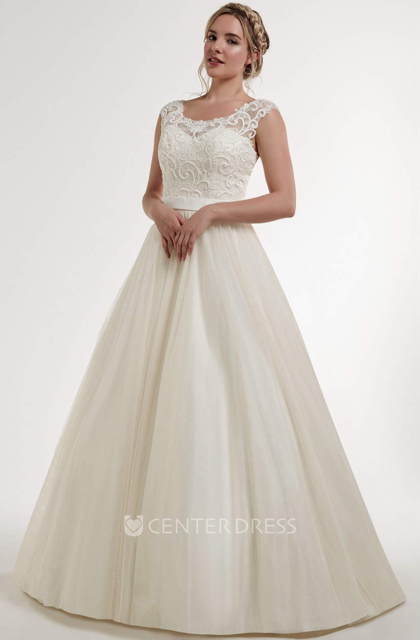 Ball Gown Sleeveless Floor Length Appliqued Scoop Satin Wedding