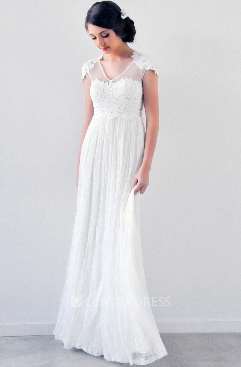 V Neck Floor Length Cap Sleeve Empire Pleated Chiffon Wedding