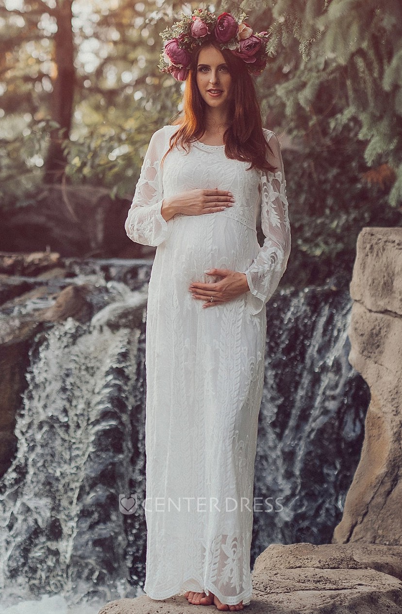 Sheath Floor Length Long Sleeve Empire Maternity Wedding Dress