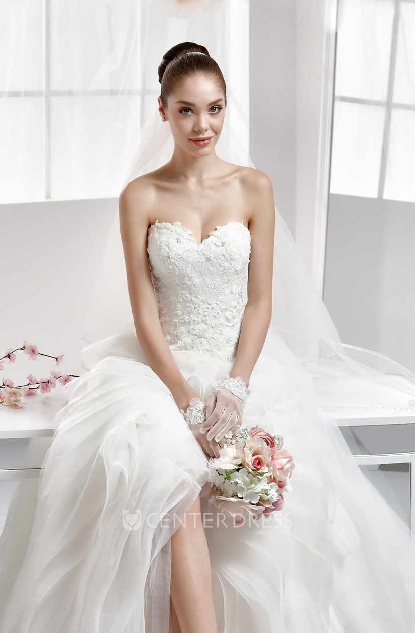 Sweetheart High Low Wedding Gown With Ruffled Skirt And Lace