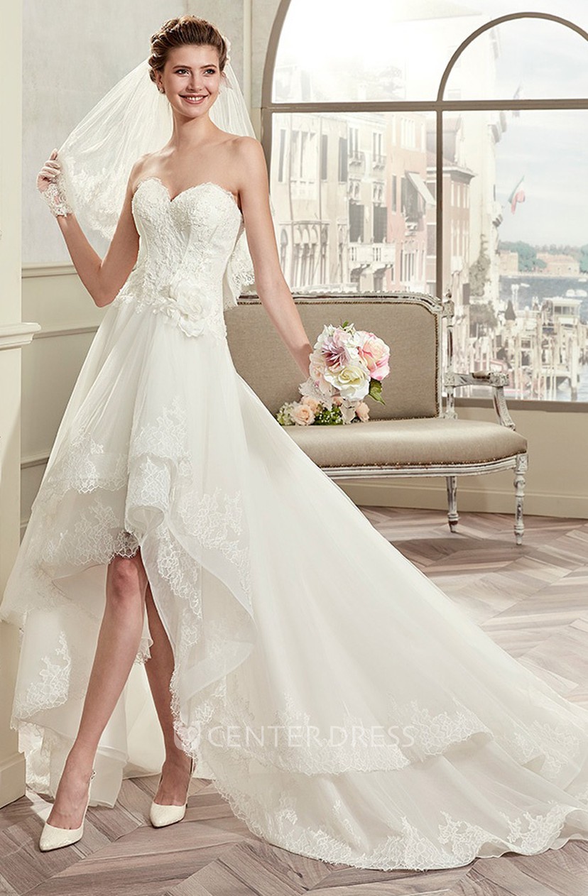 Sweetheart High Low Wedding Gown With Lace Corset And Brush Train